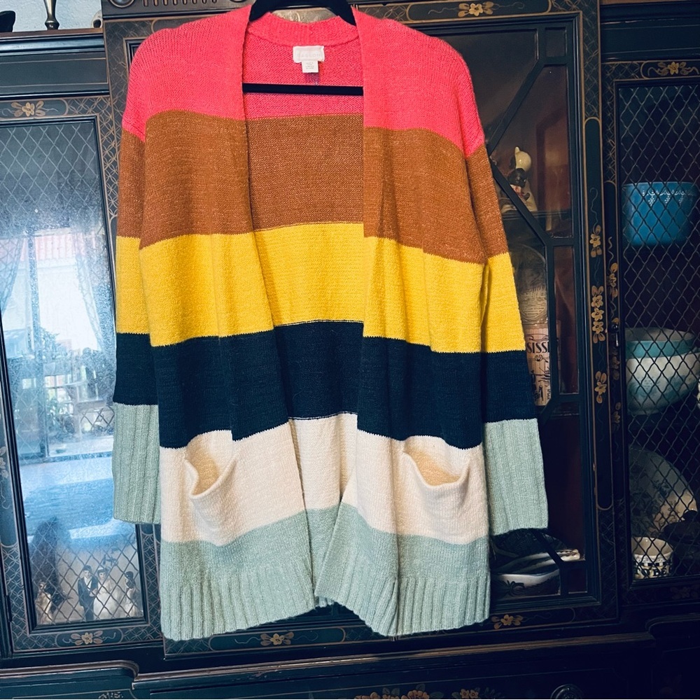 Caslon Color block Wide Stripe Long Cardigan Pink Brown Yellow Green Blue Cream